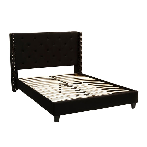 Foret Bed Frame Queen Base Bedroom Furniture Wooden Fabric Tufted Studs Black