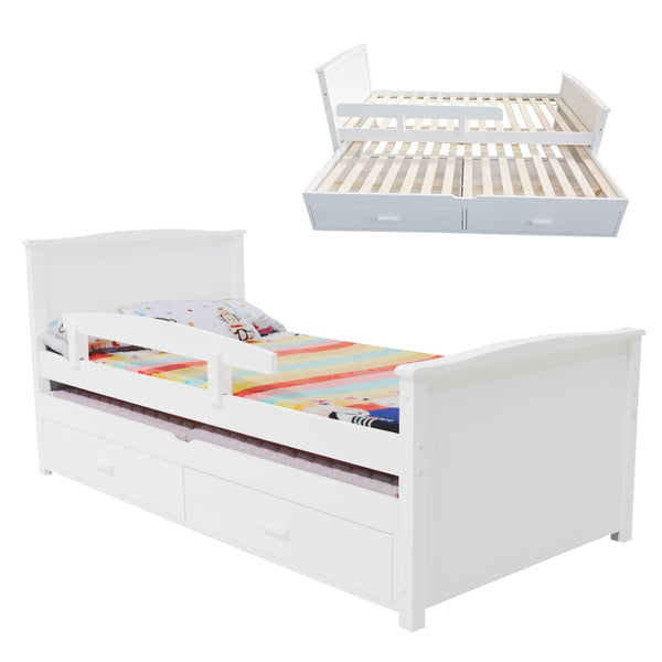 Foret Bed Frame Single Base Trundle Daybed Kid Bedroom Storage Drawer Wood White