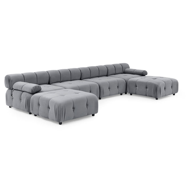 Foret 6 Seater Sofa Modular Ottoman Tufted Velvet Lounge Couch Chaise Light Grey