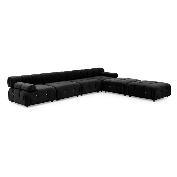 Foret 6 Seater Arm Sofa Modular Ottoman Velvet Tufted Lounge Couch Chaise Black
