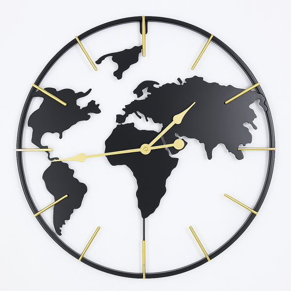Salesbay 60cm Silent World Map Wall Clock Black Gold Metal Globe Minimalist