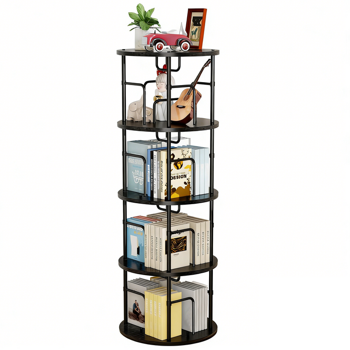 FORET 4-Tier Rotating Bookshelf 360° Display Rack Steel Wood Floor She ...