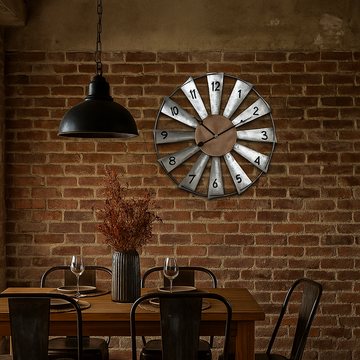 Salesbay 60cm Silent Wall Clock Windmill Industrial Rustic Metal Vinta