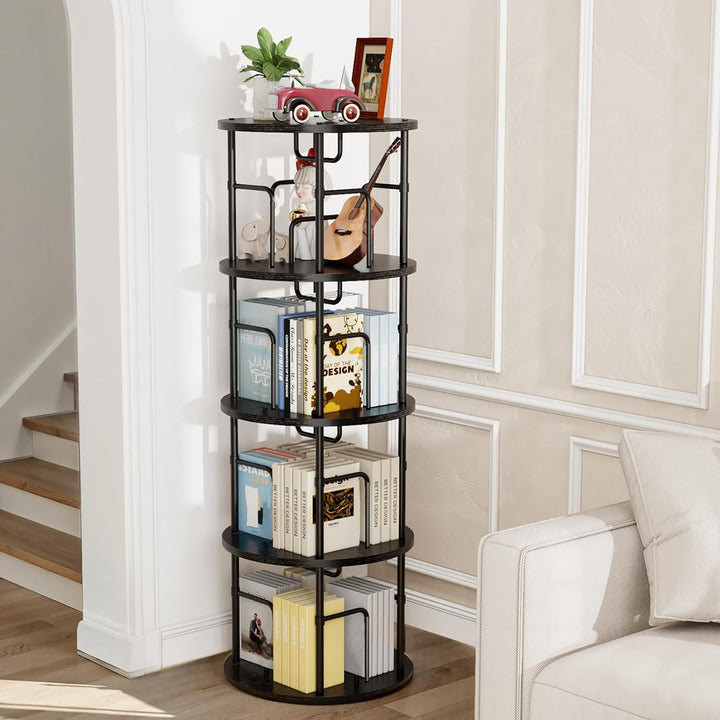 FORET 4-Tier Rotating Bookshelf 360° Display Rack Steel Wood Floor She ...