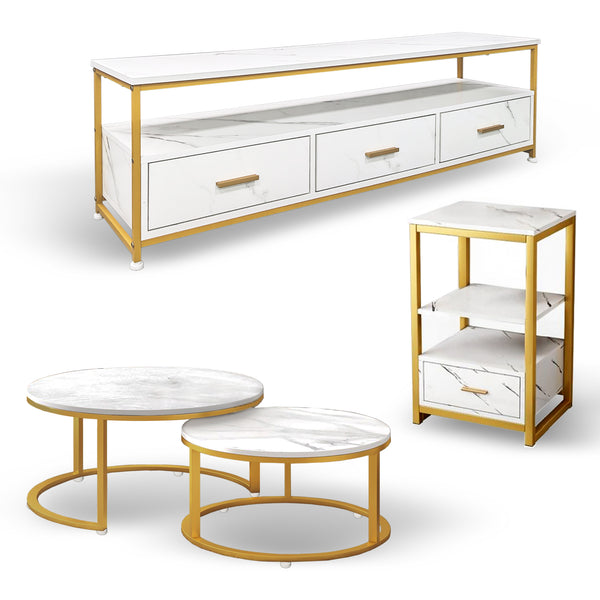 FORET Marble TV Unit Side Cabinet Nesting Tables Set White Gold Metal Frame