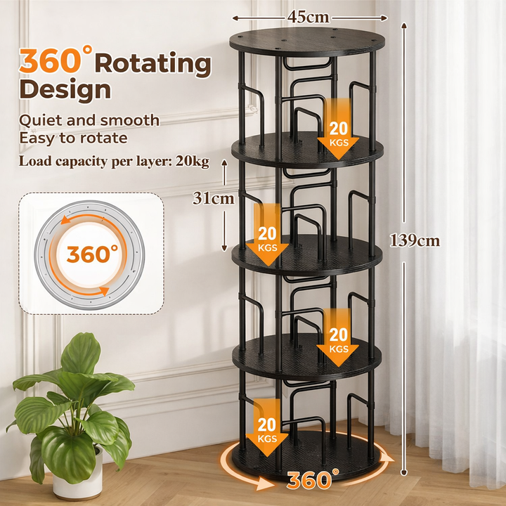 FORET 4-Tier Rotating Bookshelf 360° Display Rack Steel Wood Floor She ...