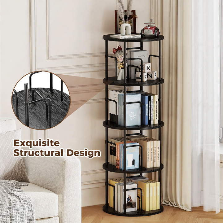 FORET 4-Tier Rotating Bookshelf 360° Display Rack Steel Wood Floor She ...