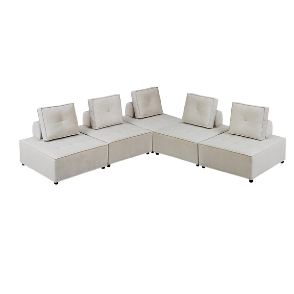 Foret 5pc Armless Seat Modular Extension Ottoman Couch Velvet Fabrics Sofa Beige