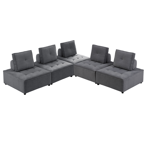 Foret 5pc Armless Seat Modular Extension Ottoman Couch Velvet Sofa Dark Grey