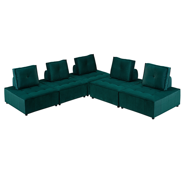 Foret 5pc Armless Seat Modular Extension Ottoman Couch Velvet Fabrics Sofa Green