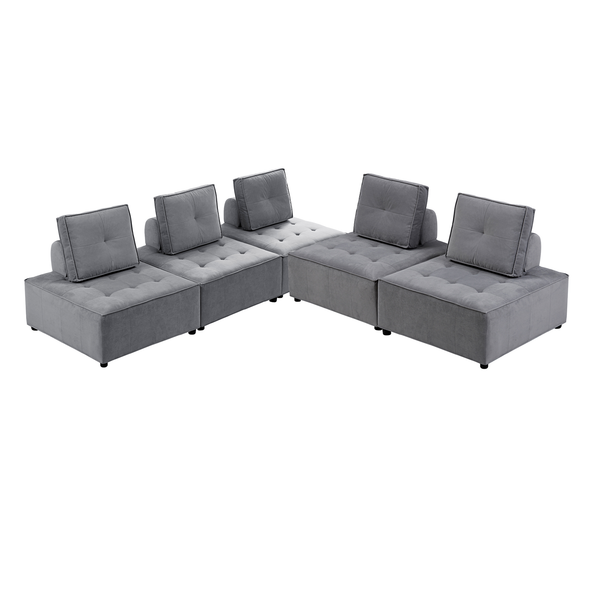 Foret 5pc Armless Seat Modular Extension Ottoman Couch Velvet Sofa Light Grey