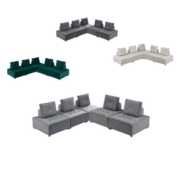 Foret 5pc Armless Seat Modular Extension Ottoman Couch Velvet Sofa 4 Colors