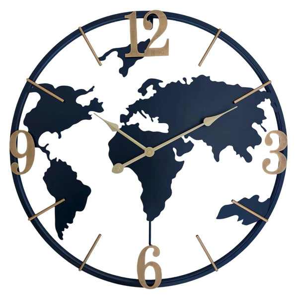 Salesbay 60cm Silent World Map Wall Clock Gold Black Metal Globe Design Decor