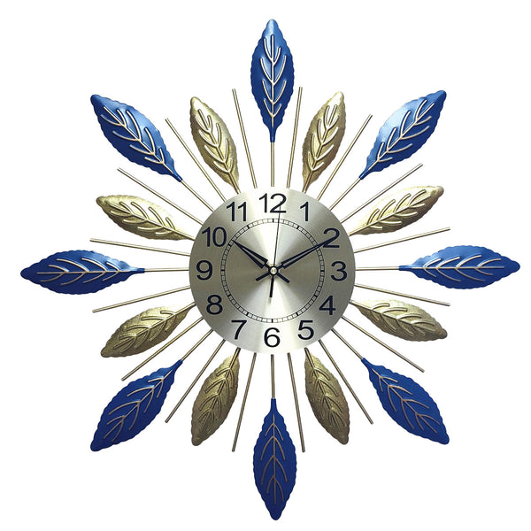 Salesbay 65cm Silent Wall Clock Metal Leaf Design Blue Gold Modern Home Decor