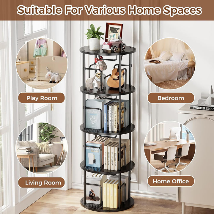 FORET 4-Tier Rotating Bookshelf 360° Display Rack Steel Wood Floor She ...