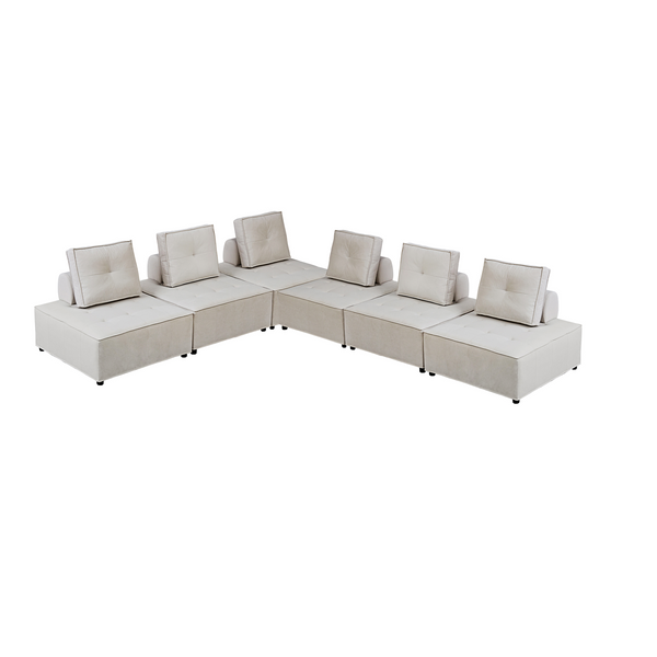 Foret 6pc Armless Seat Modular Extension Ottoman Couch Velvet Fabrics Sofa Beige