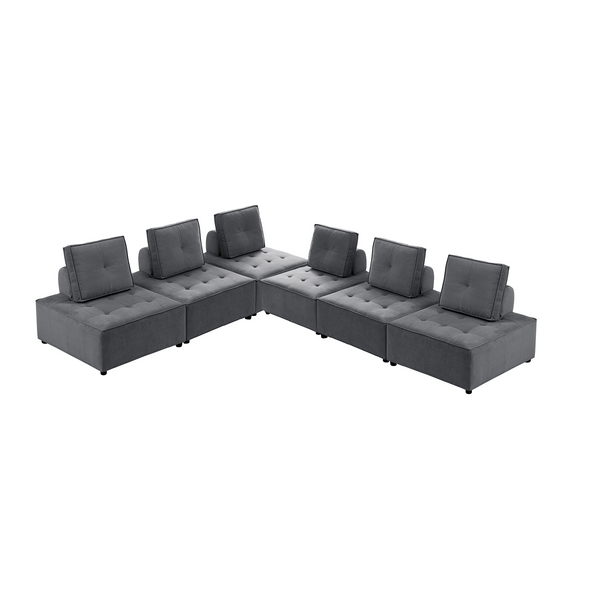 Foret 6pc Armless Seat Modular Extension Ottoman Couch Velvet Sofa Dark Grey