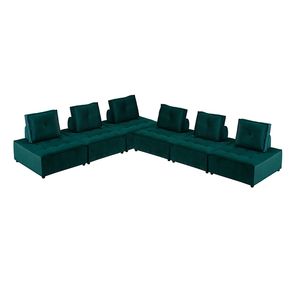 Foret 6pc Armless Seat Modular Extension Ottoman Couch Velvet Fabrics Sofa Green