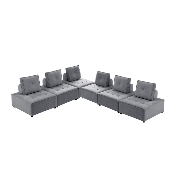 Foret 6pc Armless Seat Modular Extension Ottoman Couch Velvet Sofa Light Grey