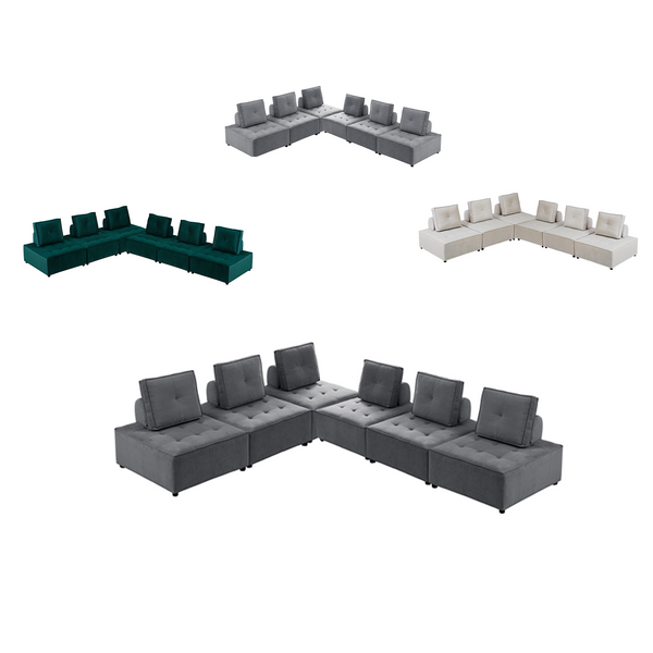 Foret 6pc Armless Seat Modular Extension Ottoman Couch Velvet Sofa 4 Colors