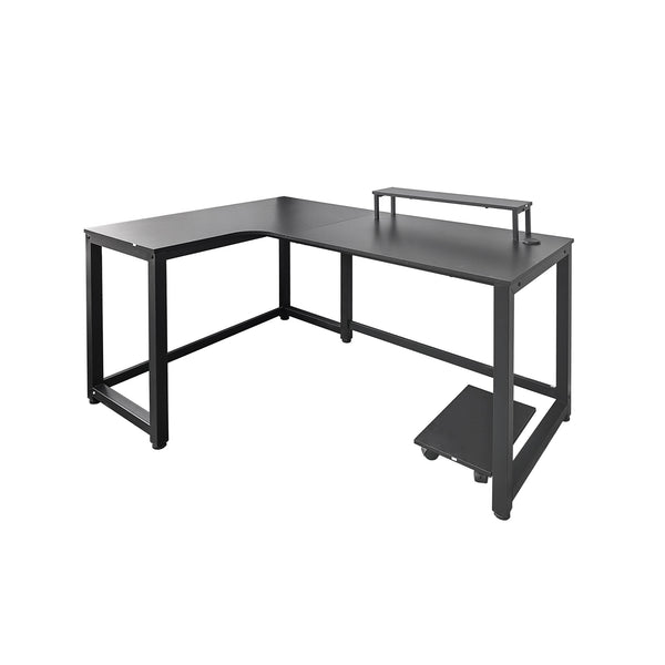 FORET 140cm L-Shaped Gaming Desk Black Carbon Fiber Top with Monitor PC Stand
