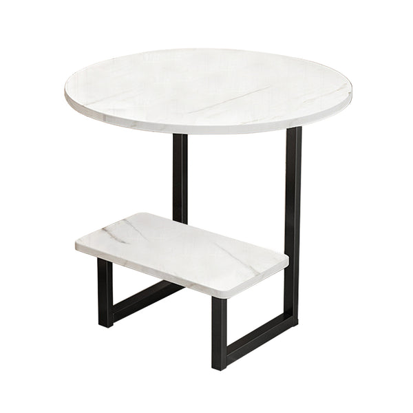 Foret G-Shaped 2 Tier Side Table With Marble Pattern Wood Top Steel Frame 3 Sizes