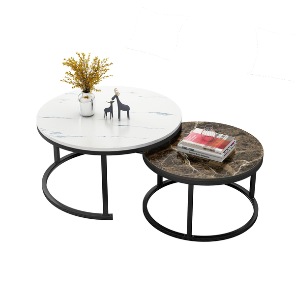 Foret Coffee Table Nesting Side 2pc Set 80cm Tea Marble Look Glass Brown White
