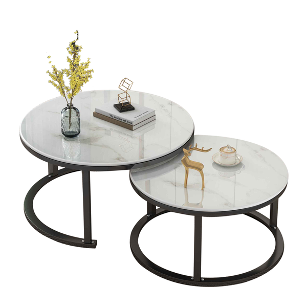 Foret Coffee Table 80cm Side Tables 2pc Set Tea Marble Look Glass finish