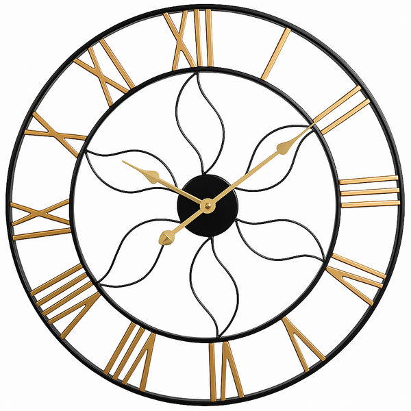 Salesbay 60cm Silent Roman Numerals Wall Clock Gold Black Metal Vintage Decor