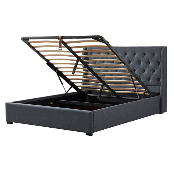 Foret Bed Frame Queen Gas Lift Storage Base Bedroom Furniture Fabric Grey Gray Dark