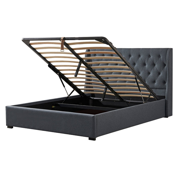 Foret Bed Frame King Gas Lift Storage Base Bedroom Furniture Fabric Grey Gray Dark