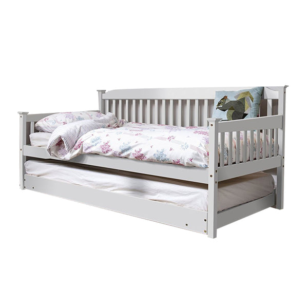 Foret Bed Frame Single Base Trundle Daybed Kids Wood White 2pc