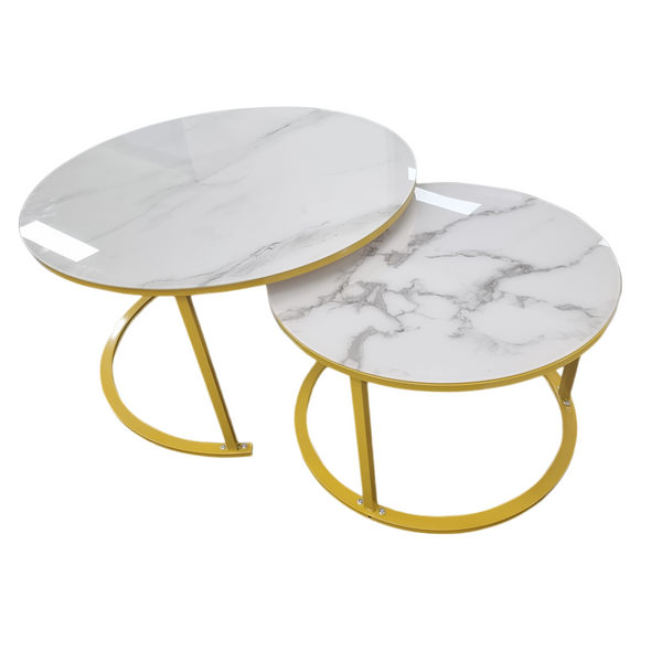 Foret Coffee Table Nesting Side Tables 2pc Set Marble Look Glass White