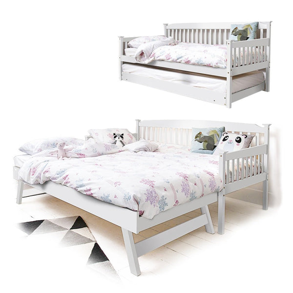 Foret Bed Frame Single Base Trundle Daybed Kids Bedroom Furniture Wood White 2pc