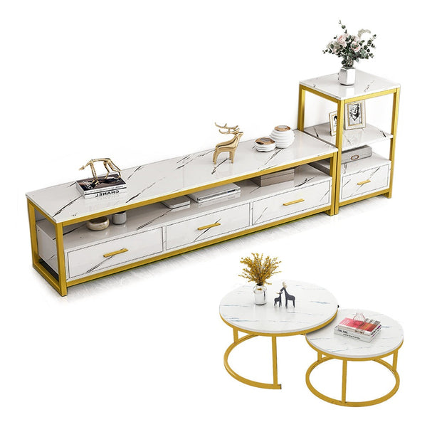 Foret TV Cabinet Stand Entertainment Unit Marble Look Bedside Coffee Table 3 Set White